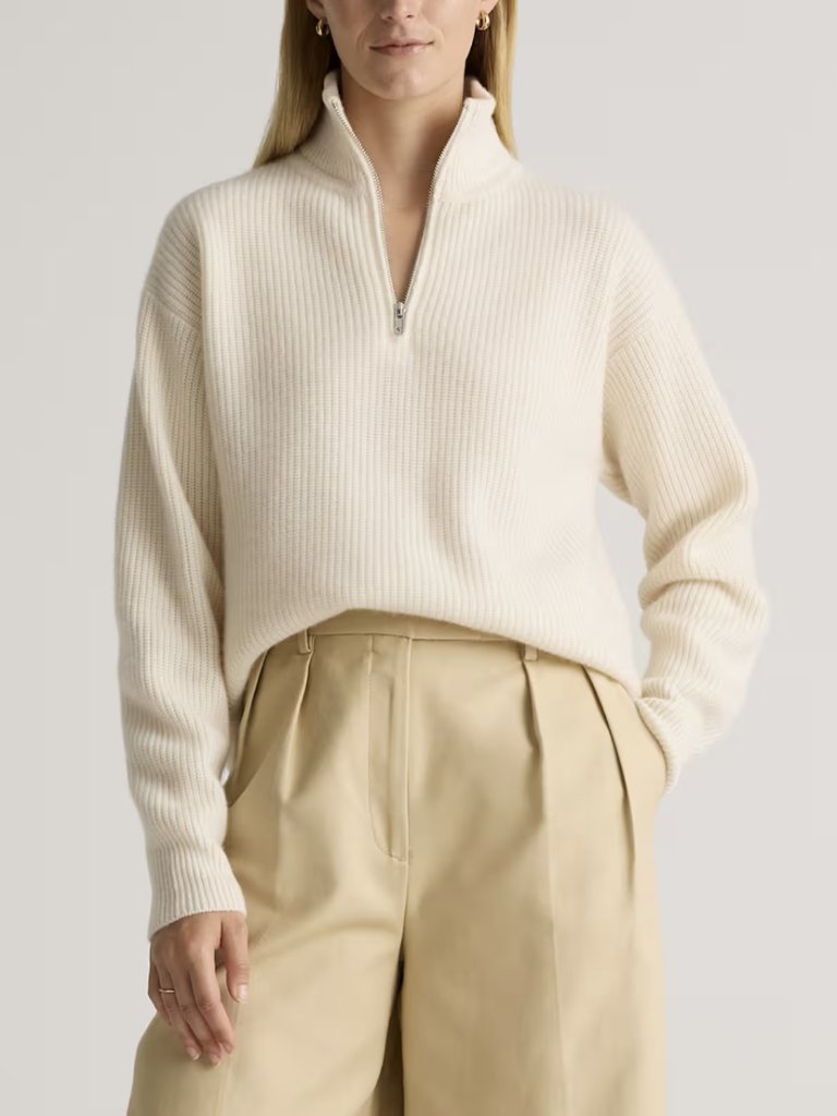 Quince 100% Mongolian Cashmere Fisherman Quarter Zip Sweater Ivory Size Xs